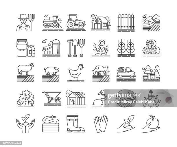 farm und landwirtschaft thin line symbole set - agriculture icons stock-grafiken, -clipart, -cartoons und -symbole