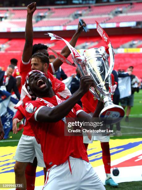 Keinan Davis of Nottingham Forest celebrates with the trophy following their sides victory in the Sky Bet Championship Play-Off Final match between...