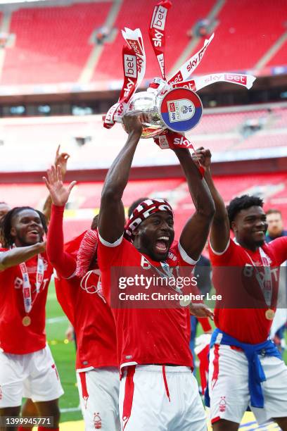 Keinan Davis of Nottingham Forest celebrates with the trophy following their sides victory in the Sky Bet Championship Play-Off Final match between...