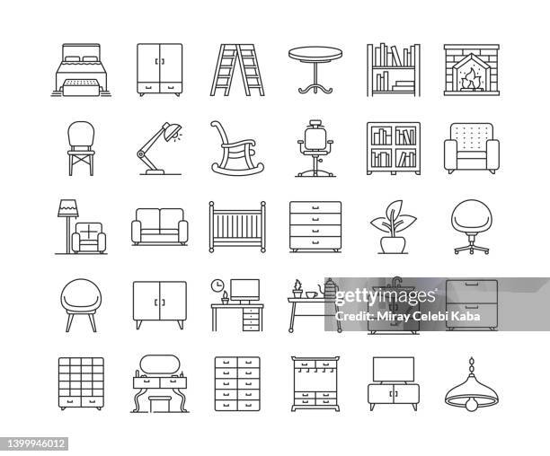 furniture thin line icons set - step ladder stock illustrations
