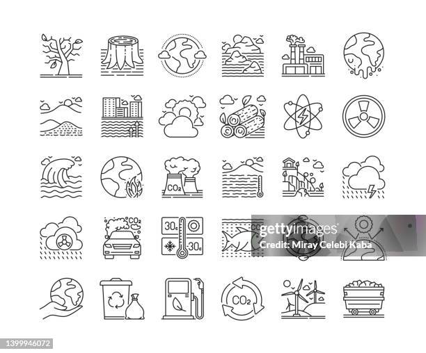 global warming thin line icons set - garbage landslide stock illustrations