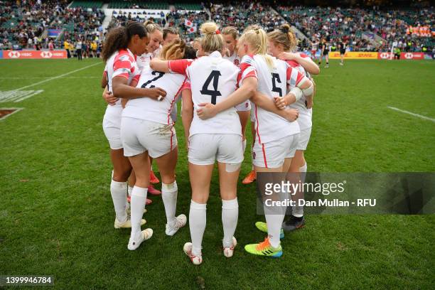 The England team huddle on the pitch prior to the England Women's Inter-Squad match on day two of the HSBC London Sevens at Twickenham Stadium on May...