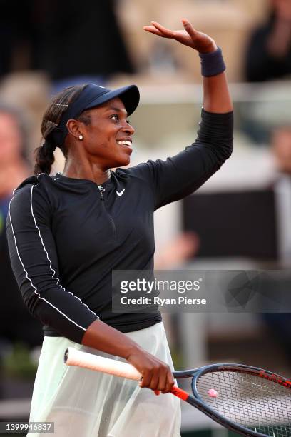 Sloane Stephens of the United States celebrates match point against Jil Teichmann of Switzerland during the Women's Singles Fourth Round match on Day...