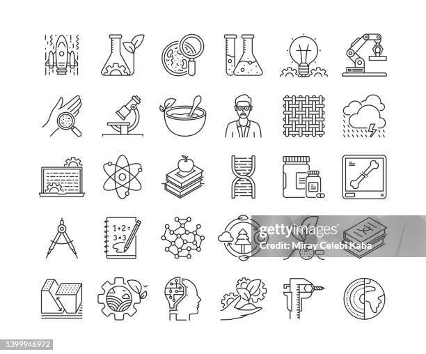ilustraciones, imágenes clip art, dibujos animados e iconos de stock de conjunto de iconos de línea delgada de science - geología