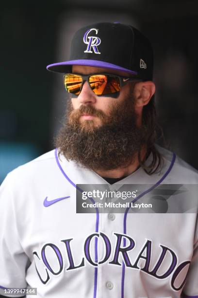 Charlie Blackmon of the Colorado Rockies looks on before a baseball game against the Washington Nationals at Nationals Park on May 29, 2022 in...