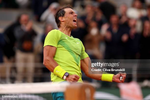 Rafael Nadal of Spain celebrates match point against Felix Auger-Aliassime of Canada during the Men's Singles Fourth Round match on Day 8 of The 2022...