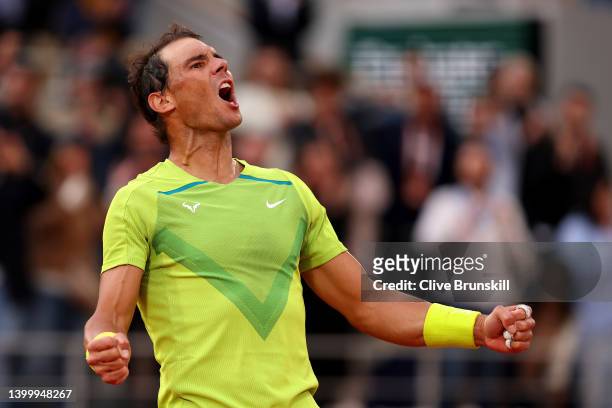 Rafael Nadal of Spain celebrates match point against Felix Auger-Aliassime of Canada during the Men's Singles Fourth Round match on Day 8 of The 2022...