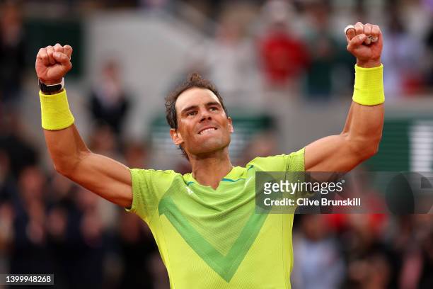 Rafael Nadal of Spain celebrates match point against Felix Auger-Aliassime of Canada during the Men's Singles Fourth Round match on Day 8 of The 2022...