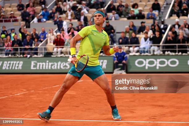 Rafael Nadal of Spain celebrates against Felix Auger-Aliassime of Canada during the Men's Singles Fourth Round match on Day 8 of The 2022 French Open...