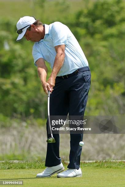 Stephen Ames of Canada hits his tee shot on the seventh hole during the final round of the Senior PGA Championship presented by KitchenAid at Harbor...