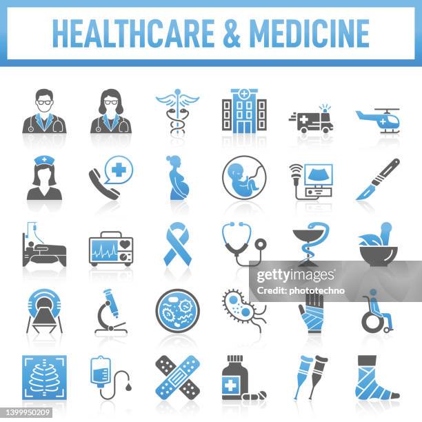 modern healthcare and medicine icons collection. the set contains icons: healthcare and medicine, medical exam, medicine, hospital, doctor, medical insurance, insurance, nurse, stethoscope, ambulance, first aid, first aid kit - emergancy communication stock illustrations