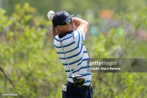 Brian Gay of the United States hits his tee shot on the seventh hole during the final round of the Senior PGA Championship presented by KitchenAid at...