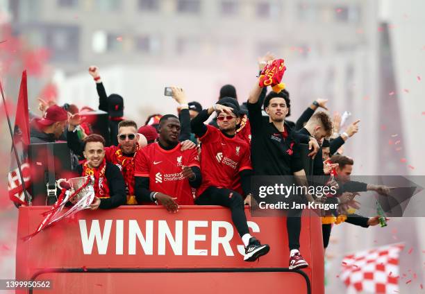 Diogo Jota, Adrian, Ibrahima Konate, Luis Diaz and Curtis Jones of Liverpool celebrate during the Liverpool Trophy Parade on May 29, 2022 in...