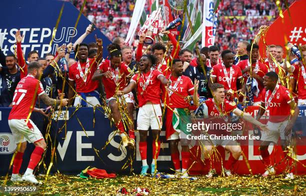 Alex Mighten of Nottingham Forest celebates with team mates following their sides victory in the Sky Bet Championship Play-Off Final match between...