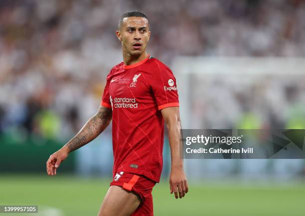 Thiago Alcantara of Liverpool during the UEFA Champions League final match between Liverpool FC and Real Madrid at Stade de France on May 28, 2022 in...