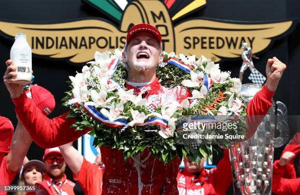 Marcus Ericsson of Sweden, driver of the Chip Ganassi Racing Honda, celebrates in Victory Lane by pouring milk on his head after winning the 106th...