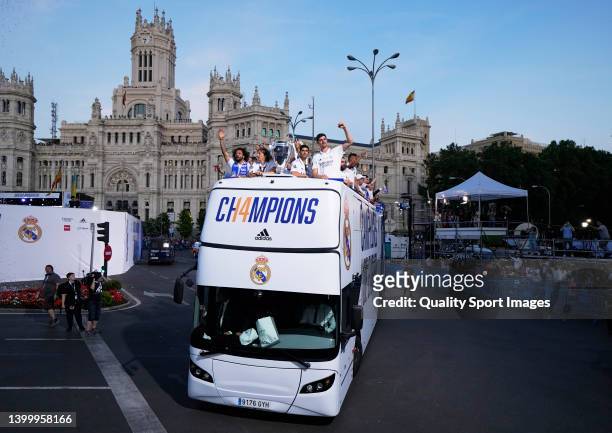 General view as the Real Madrid CF bus passes through the streets during the UEFA Champions League trophy bus parade after winning the UEFA Champions...