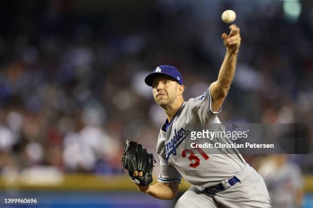 Starting pitcher Tyler Anderson of the Los Angeles Dodgers throws a warm up pitch during the first inning of the MLB game against the Arizona...