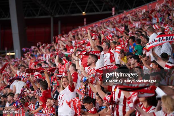 Fans of UD Almeria prior to the LaLiga Smartbank match between UD Almeria and UD Alcorcon at Municipal de Los Juegos Mediterraneos on May 21, 2022 in...