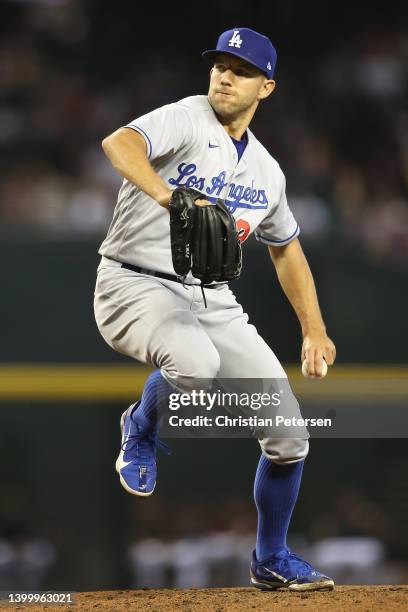 Starting pitcher Tyler Anderson of the Los Angeles Dodgers pitches against the Arizona Diamondbacks during the second inning of the MLB game against...