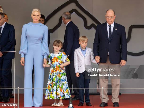 Princess Charlene of Monaco, Princess Gabriella, Prince Jacques and Prince Albert II of Monaco during the F1 Grand Prix of Monaco at Circuit de...