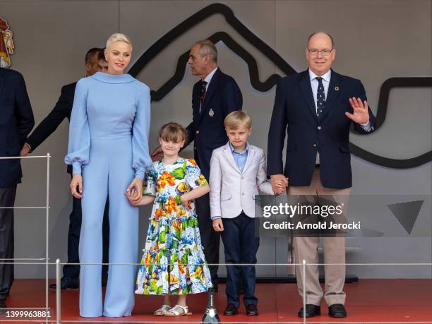 Princess Charlene of Monaco, Princess Gabriella, Prince Jacques and Prince Albert II of Monaco during the F1 Grand Prix of Monaco at Circuit de...