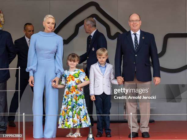 Princess Charlene of Monaco, Princess Gabriella, Prince Jacques and Prince Albert II of Monaco during the F1 Grand Prix of Monaco at Circuit de...