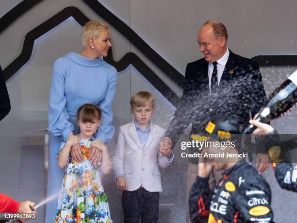 Princess Charlene of Monaco, Princess Gabriella, Prince Jacques and Prince Albert II of Monaco during the F1 Grand Prix of Monaco at Circuit de...