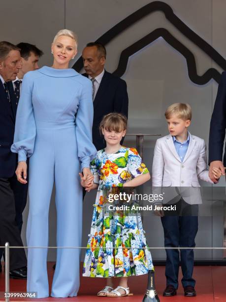 Princess Charlene of Monaco, Princess Gabriella and Prince Jacques during the F1 Grand Prix of Monaco at Circuit de Monaco on May 29, 2022 in...