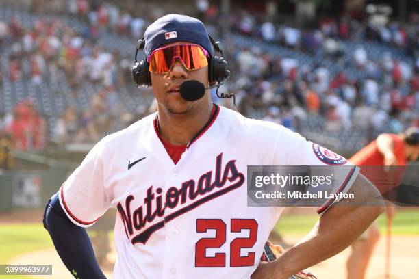 Juan Soto of the Washington Nationals is interviewed after a baseball game against the Colorado Rockies at Nationals Park on May 29, 2022 in...