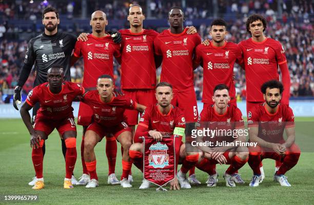 The Liverpool team line up during the UEFA Champions League final match between Liverpool FC and Real Madrid at Stade de France on May 28, 2022 in...