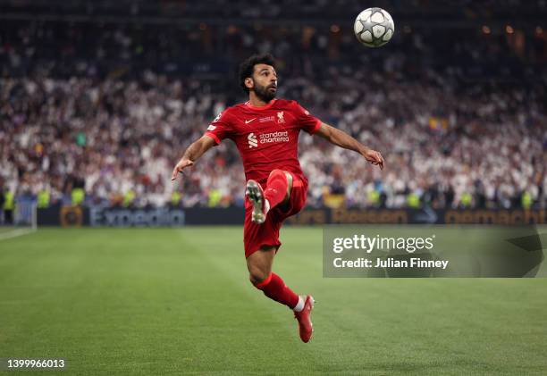 Mohamed Salah of Liverpool controls the ball during the UEFA Champions League final match between Liverpool FC and Real Madrid at Stade de France on...