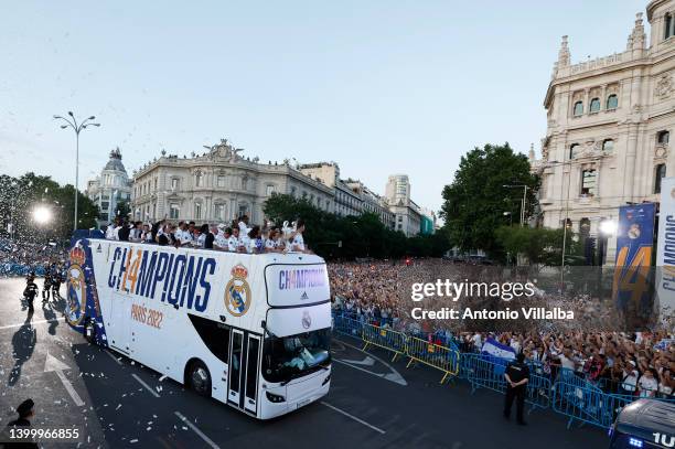 Real MAdrid players on the bus to Cibeles on May 29, 2022 in Madrid, Spain.