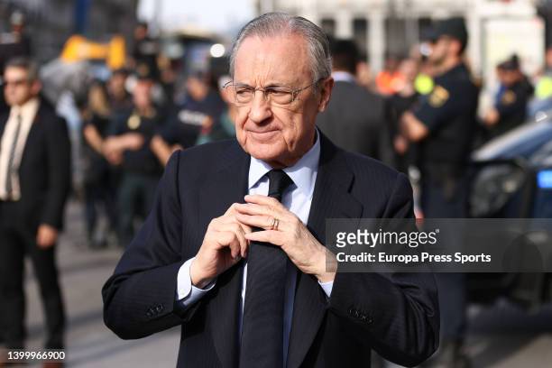 Florentino Perez is seen during the reception of the Community of Madrid to Real Madrid as winners of the 14th UEFA Champions League against...