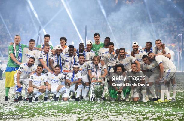 Real Madrid players line-up for a team photograph during celebrations at estadio Santiago Bernabeu after winning the UEFA Champions League Final on...