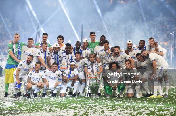 Real Madrid players line-up for a team photograph during celebrations at estadio Santiago Bernabeu after winning the UEFA Champions League Final on...