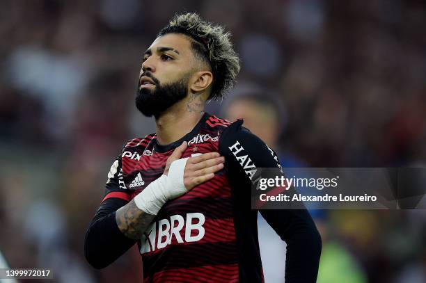 Gabriel Barbosa of Flamengo celebrates after scoring the second goal of his team during the match between Fluminense and Flamengo as part of...