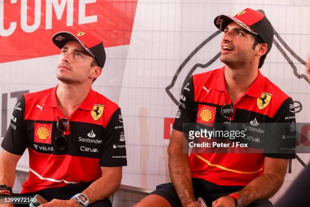 Charles Leclerc of Ferrari and Monaco and Carlos Sainz of Ferrari and Spain before the drivers parade during the F1 Grand Prix of Monaco at Circuit...