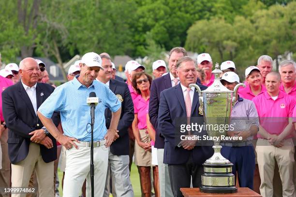 Steven Alker of New Zealand speaks to the crowd after winning the Senior PGA Championship presented by KitchenAid at Harbor Shores Resort on May 29,...