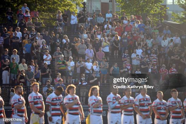 Spectators look on during the national anthem prior to the Major League Rugby match between the New England Free Jacks and NOLA Gold at Veterans...