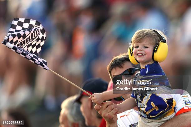 Young NASCAR fan looks on during the NASCAR Cup Series Coca-Cola 600 at Charlotte Motor Speedway on May 29, 2022 in Concord, North Carolina.