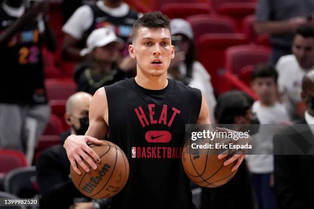 Tyler Herro of the Miami Heat warms up prior to Game Seven against the Boston Celtics in the 2022 NBA Playoffs Eastern Conference Finals at FTX Arena...