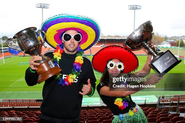 Tim Mikkelson of the All Blacks Sevens and Jazmin Hotham of the Black Ferns Sevens pose during an event to announce the return of the HSBC New...