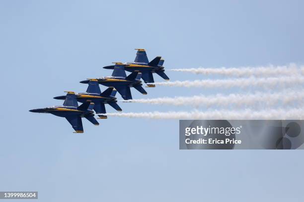 The U.S. Navy's Blue Angels perform at the Bethpage Airshow over Jones Beach for Memorial Day Weekend. After cancellations due to weather conditions...