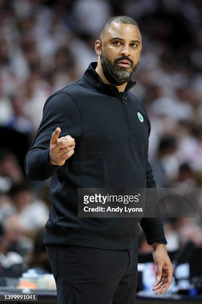 Head Coach Ime Udoka of the Boston Celtics points against the Miami Heat during the second quarter in Game Seven of the 2022 NBA Playoffs Eastern...