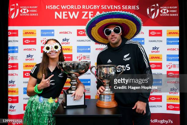 Jazmin Hotham of the Black Ferns Sevens and Tim Mikkelson of the All Blacks Sevens pose during an event to announce the return of the HSBC New...