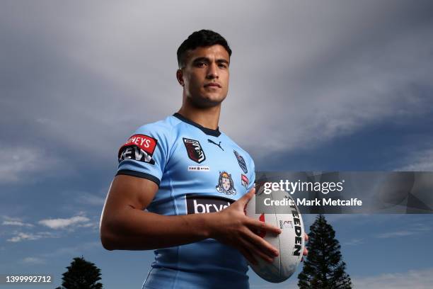 Joseph Suaalli poses during a New South Wales Blues State of Origin squad Media Opportunity at Crowne Plaza Coogee on May 30, 2022 in Sydney,...