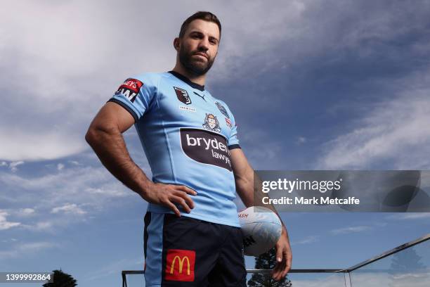 James Tedesco poses during a New South Wales Blues State of Origin squad Media Opportunity at Crowne Plaza Coogee on May 30, 2022 in Sydney,...