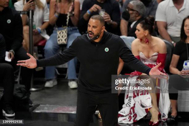 Head Coach Ime Udoka of the Boston Celtics reacts against the Miami Heat during the second quarter in Game Seven of the 2022 NBA Playoffs Eastern...