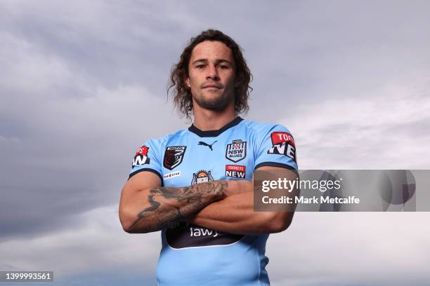 Nicho Hynes poses during a New South Wales Blues State of Origin squad Media Opportunity at Crowne Plaza Coogee on May 30, 2022 in Sydney, Australia.